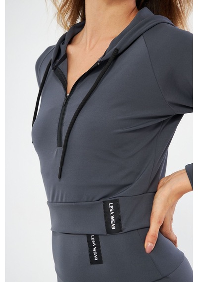 Lesa Wear Kapüşonlu Içi Polarlı Yumuşacık Şardonlu Kaşkorse Crop Likralı Sweatshirt Antrasit