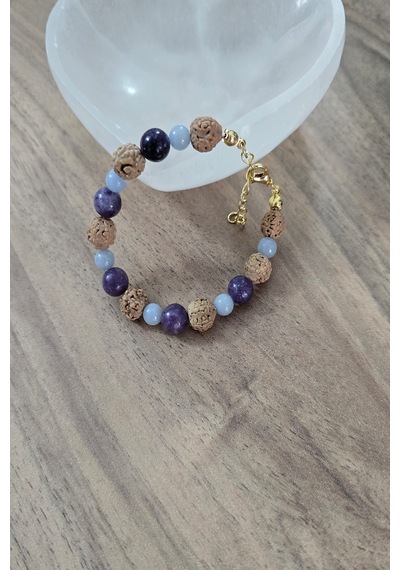 8 Mm Rudrashka, Lepidolit, 6 Mm Anjelit Doğal Taş Bileklik Çok Renkli