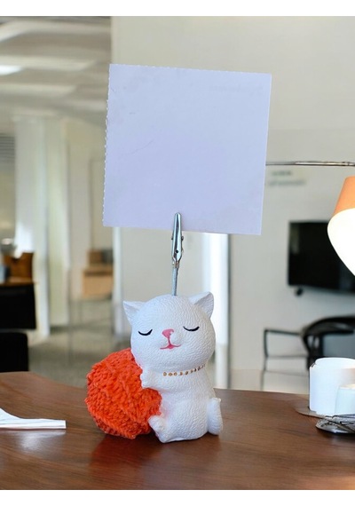 Turuncu Yumaklı Oturan Kawaii Kedi Temalı Not Tutacağı Fotoğraf Tutacak Tutucu Ofis Hediyelik Turuncu