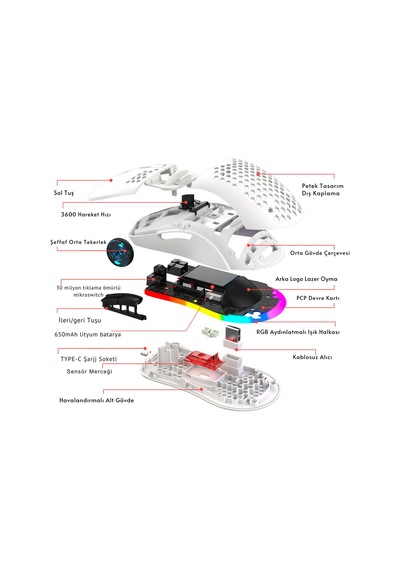 T66 Kablosuz 3 Modlu Mouse-650 Mah Batarya - 12000 Fps - 20g - Rgb Aydınlatma Diğer
