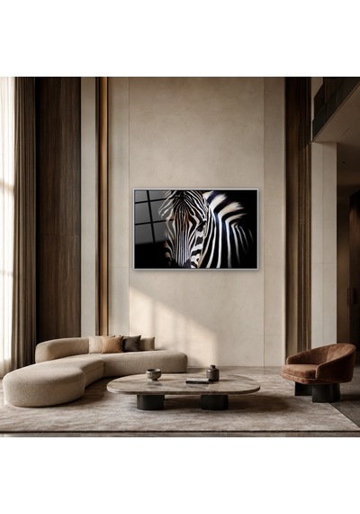Karanlıkta Zebra Yakın Plan Gümüş Çerçeveli Cam Tablo