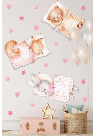 MSticker Uyuyan Sevimli Hayvanlar Kalpler Ve Puantiyeler Çocuk Bebek Odası Sticker Seti