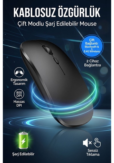 Ultra Slim Sessiz Tıklama Bluetooth Şarjlı 2.4ghz Kablosuz Mouse 1600dpi Siyah 69113 - 934910159 Diğer
