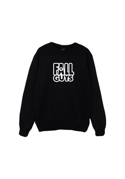 Unisex Siyah Fall Guys Oyun Baskılı Bisiklet Yaka Sweatshirt Siyah