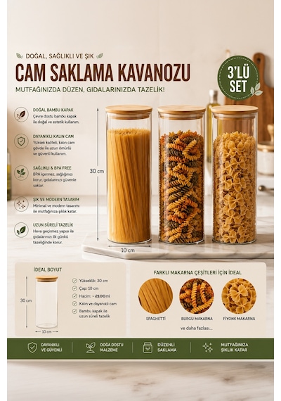 Porsima 4-3 Bambu Vakumlu Kapaklı Yuvarlak Borosilikat Cam 3lü Kavanoz Seti Saklama Kabı 2100ml 10x30cm