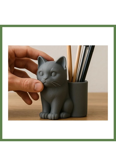 Bezos 3d Baskı Kedi Figürlü Kalemlik - Masaüstü Organizer - Gri Hb006