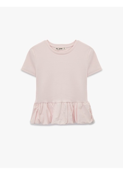 Koton Slim Fit Kısa Kollu Bisiklet Yaka Balon Peplum Tişört Pembe 6sal10578ık Gül