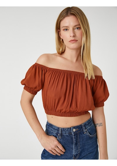 Koton Crop Bluz Omzu Açık Lastikli Kahverengi 3sak60010pw