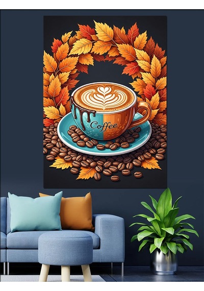 Ahşap Tablo Güz Yaprakları Ve Latte Sanatlı Fincan Kahve