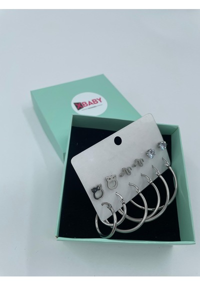 Xbaby Baykuş,yılan,tektaş Ve 3 Lü Halka Gümüş Renk Çelik Küpe Seti Altın - Gümüş