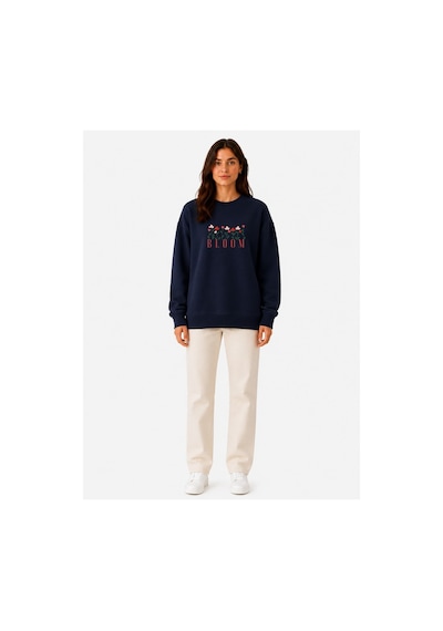 Herkesemoda Bloom Baskı Detaylı Şardonlu 2 İplik Bisiklet Yaka Sweatshirt Lacivert