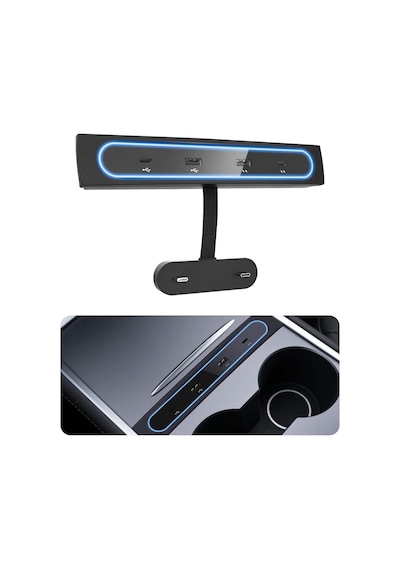 Tesla Model 3/y İçin Usb Şarj Cihazı - Çoklu Bağlantı Noktası Ve Mavi Led Işıklı Usb Hub Siyah