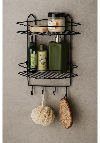 Sas Haus Paslanmaz Siyah Yapışkanlı Banyo Köşeliği Düzenleyici, Şampuanlık, Duş Rafı 2 Katlı - 4 Kancalı - Ek-02 Krom