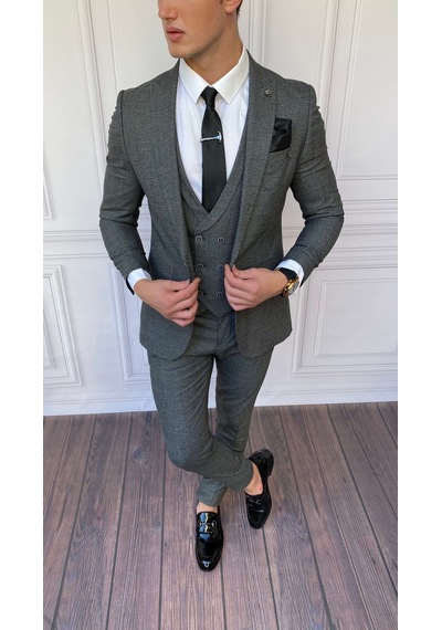 Modefendi Slim Fit İtalyan Kesim İnce Ekose Takım Elbise Gri