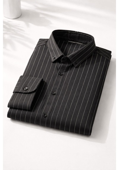 Classics Men Jet Polo Uzun Kol Slim Fit Erkek Çizgili Gömlek - 7574 Siyah