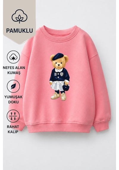 Monila Kız Çocuk 3 İplik Kumaş Pamuklu Ayıcık Baskılı Sweatshirt Pembe