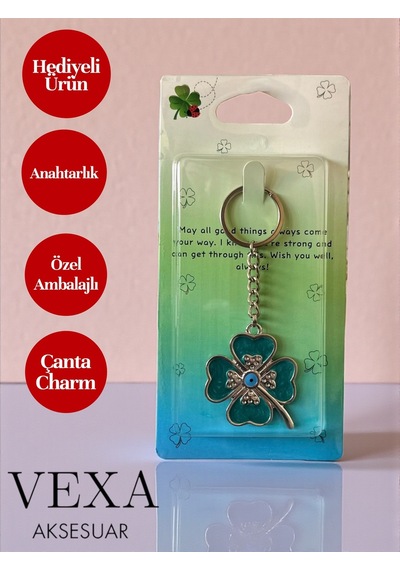 Dört Yapraklı Yonca Şans Anahtarlık Şans Çanta Süsü Hediyelik Özel Ambalajlı Ve Hediyeli Ürün