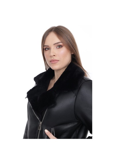 M M Marki Marki Kadın Siyah Hakiki Deri Ceket, Kruvaze Yaka, Kemerli Biker Model, Içi Kürklü - 109422