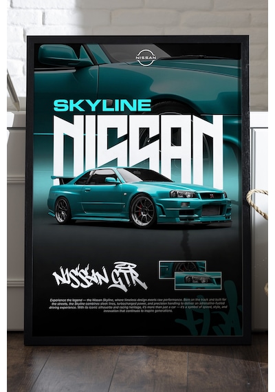 Nissan Gt-r Skyline Siyah Ahşap Çerçeveli Poster, Dekoratif Araba Duvar Tablosu