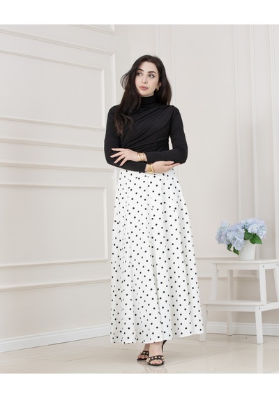 Sevitli Puantiyeli Maxi Etek-beyaz-5717