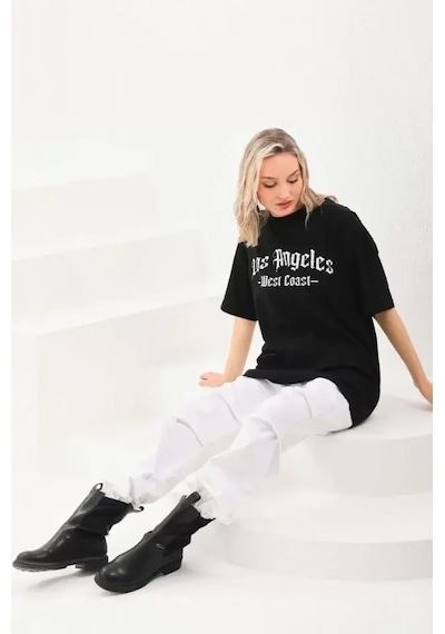 Unisex Baskılı Oversize T-shirt - Siyah Siyah
