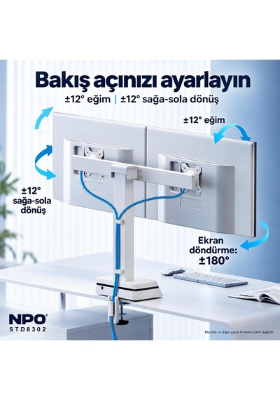Std8302 Yüz Algılayıcılı Otomatik Ayarlı 17-27 20kg Kablosuz Şarjlı Vesa Çift Monitör Tutucu
