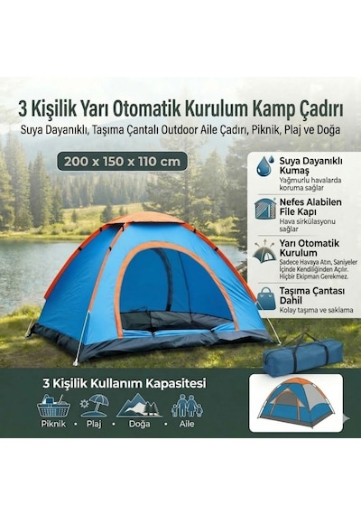 Buffer 3 Kişilik Yarı Otomatik Kurulum Kamp Çadırı Suya Dayanıklı, Taşıma Çantalı Outdoor Aile Çadırı, Piknik, Plaj V Mavi