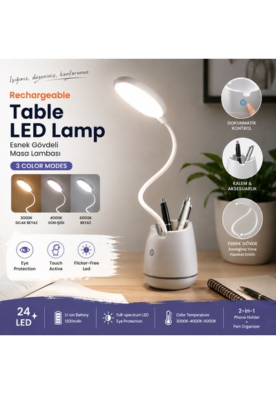 Şarjlı Led Masa Lambası 3 Işık Modlu Dokunmatik Esnek Gövdeli Kalemlikli Beyaz