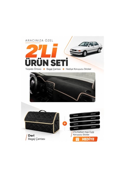 E-biz Seat Toledo 1995-2005 Uyumlu Torpido Örtüsü + Deri Bagaj Çantası Seti - Siyah-bej - Se010