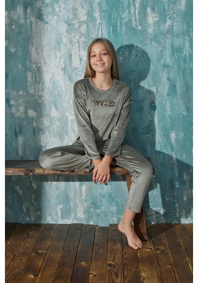 Kız Çocuk Uzun Kol Kadife Yeşil Pijama Takım C3t0n9o31 001