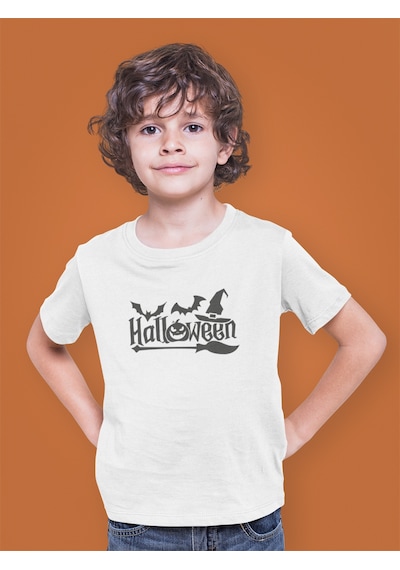 Bumeta Halloween Yarasa Balkabağı Cadı Şapkası Ve Süpürge Çocuk Tişört T-shirt Beyaz