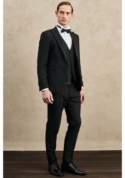 Ac&Co / Altınyıldız Classics Erkek Sıyah Slim Fit Dar Kesim Kırlangıç Yaka Desenli Klasik Smokin Takım Sıyah Siyah