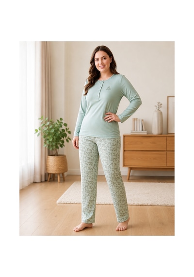 Flz Kadın Kışlık Viskon Pijama Takımı M L Xl Xxl Uzun Kollu Boydan Düğmeli Şık Ev Giyimı B89-100 Mint