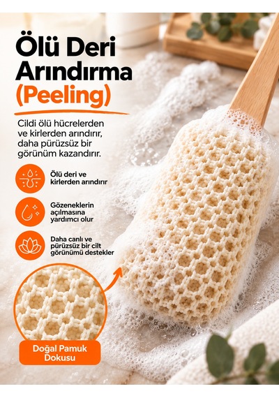 Hanex Pamuk Saplı Sırt Kesesi, Uzun Saplı Banyo Duş Kesesi, Sırt Ve Vücut Temizleme Peeling Kesesi