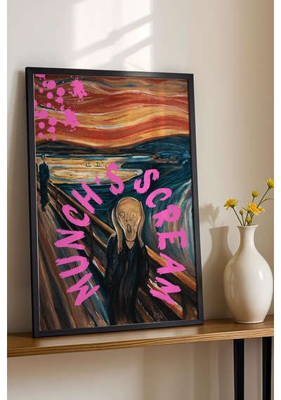 Edvard Munch The Scream Çığlık Çerçeveli Tablo Pembe Boya Sıçramalı İkonik Klasik Sanat Tablosu Altered Art