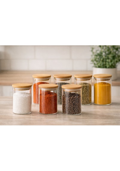 Nokka Cam Baharat Kavanozu Bambu Kapaklı 200 Ml 6,5x8 Cm Minimal Mutfak Saklama Kabı Şeffaf