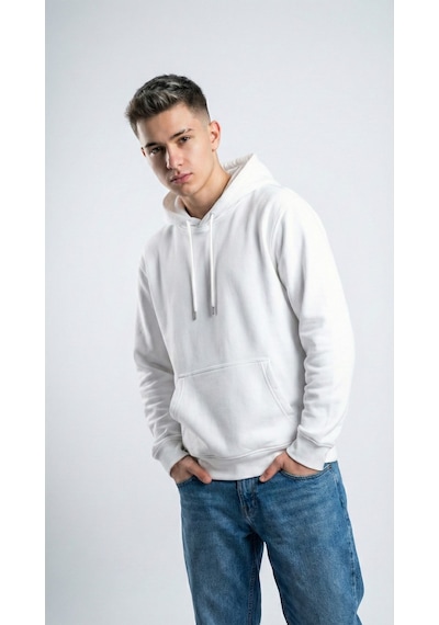 Hoxie Unisex Rahat Kesim Pamuklu Yumuşak Dokulu İçi Polarlı Basic Desenli Kapüşonlu Sweatshirt Beyaz
