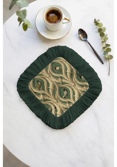 Lüks Gotik Kuş Motifli Saçaklı Sunum Peçetesi - Vintage Avangart Yeşil Bardak Altlığı Mendil Çok Renkli