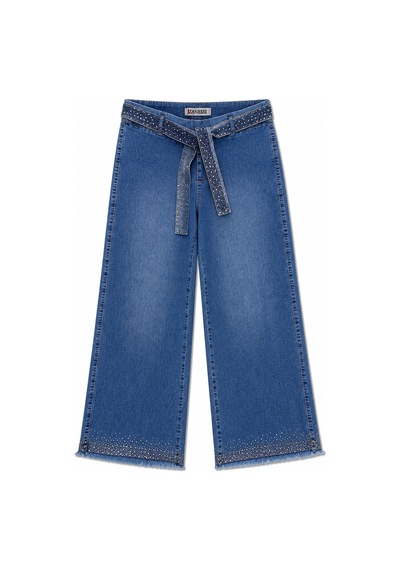 Büyük Beden Kemerli Likralı Taşlı Denim Kadın Pantolon Mavi