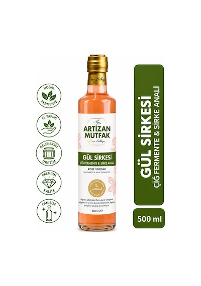 Artizan Mutfak Gül Sirkesi 500 Ml Rosa Damascena Gülü Organik Bal İle Doğal Fermantasyon Meşe Fıçıda Olgun