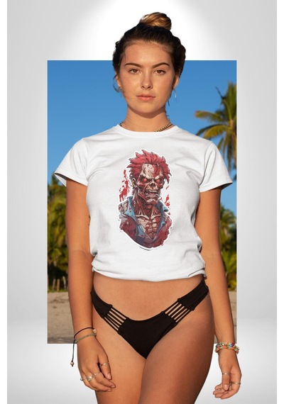 Zombi Kırmızı The Walking Dead Unisex Unisex Beyaz Organik Baskılı T-shirt Penye Yüksek Kalite Beyaz