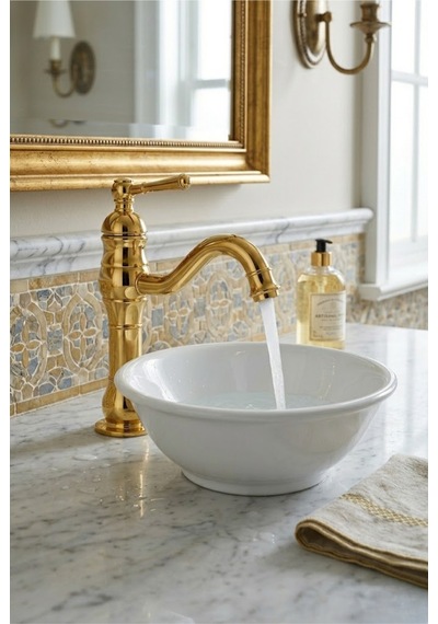 Çanak Rustik Lavabo Bataryası Gold Uzun Gold Altın Sarı