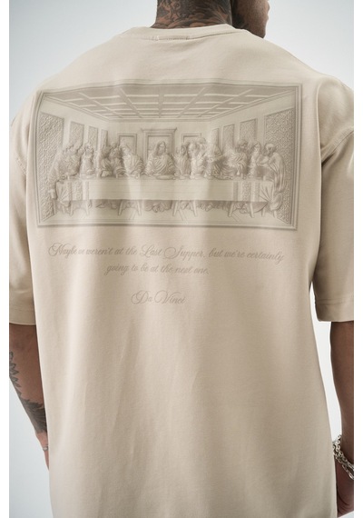 Respire Erkek Da Vinci Baskılı Oversize T-shirt Bej
