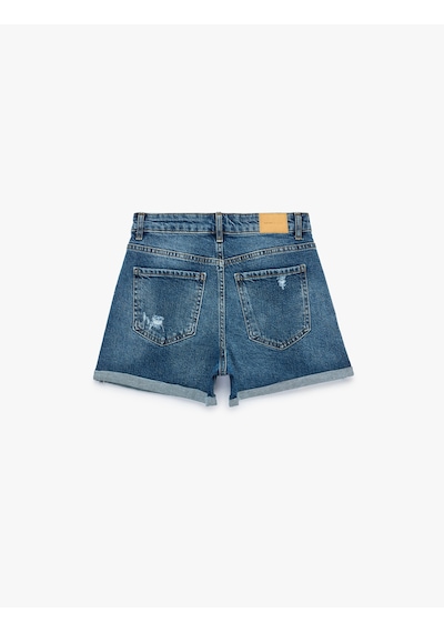 Koton Pamuklu Yüksek Bel Slim Fit Duble Paça Mini Denim Şort Orta İndigo 6sal40005md