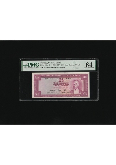 2.5 Tl 2 1/2 İki Buçuk Türk Lirası Pmg 64 Choice Unc Çil P 152a 1957 S/n Z42 80261 / 5.. Emisyon