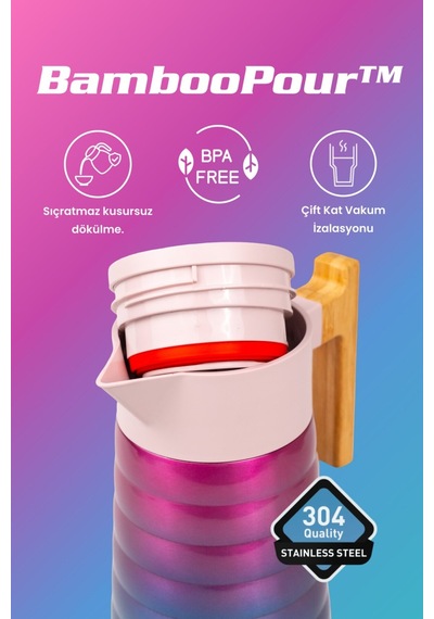 Cooker Bamboopour 2 Litre Paslanmaz Çelik Bambu Saplı Termos Ckr2097 Pembe