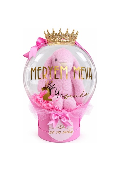 Taçlı Peluş Tavşanlı Balon Kutusu Pembe