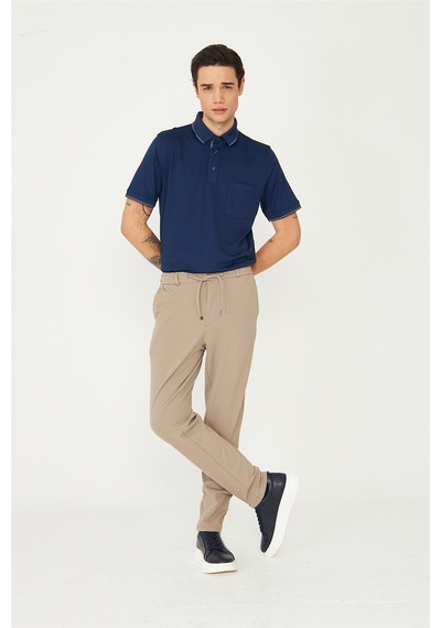 Bej İnce Çizgili Dokulu Modern Kesim Bağcıklı Smart Casual Pantolon VİZON Bej İnce Çizgili Dokulu Modern Kesim Bağcıklı Smart Casual Pantolon VİZON