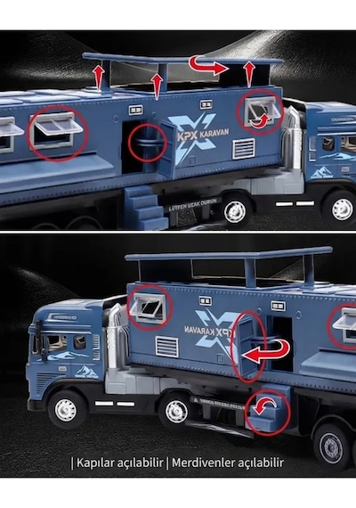Oyuncak Tır Ve Karavan Seti - 39cm Büyük Boy Metal Kupa Işıklı Sesli Çek Bırak Oyuncak Araba