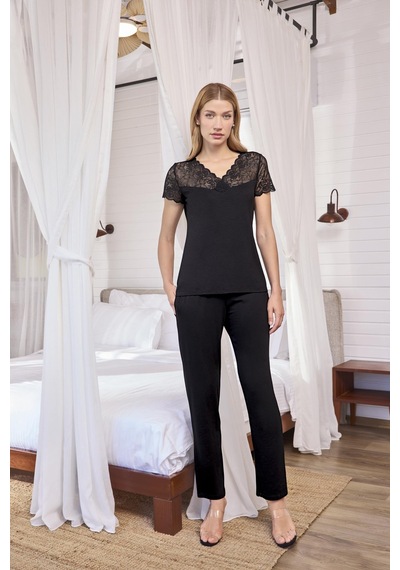 Monamise Kadın Kısa Kollu Ve Dantelli V Yaka Pijama Takımı 18619 Siyah
